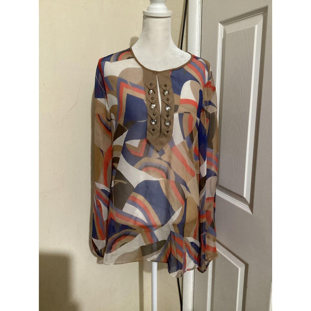 Tahari Blouse Womens Small Multicolor Sheer Silk Long Sleeve Boho Geometric Top